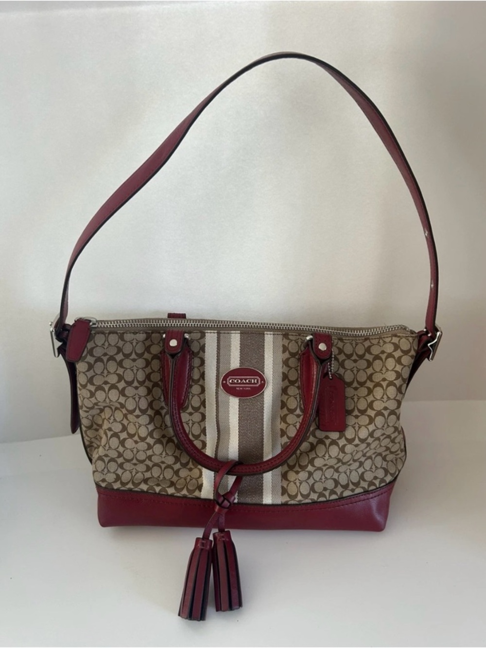 COACH Striped East West Satchel In  Khaki And Black Cherry